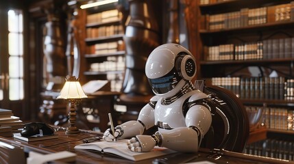 A cute robot acting as a writer and author in a classical environment, Generative Ai 