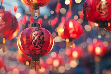 Chinese New Year, red lanterns with dragon pattern, blurred background of bustling streets and...