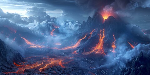 Fototapeta premium Lava Flowing Down a Mountainside During a Volcanic Eruption