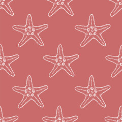 Seashells seamless pattern with starfish line art illustration on pink background. Hand drawn sea star sketch, undersea drawing. Summer ocean beach print for background, textile, fabric, wrapping