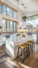 Fototapeta premium Modern kitchen interior design with large windows and a big island