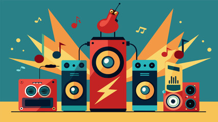 A set of vintage speakers blast out classic rock tunes catching the attention of nearby collectors. Vector illustration