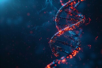 Obraz premium Blue and red particles dna helix glowing over dark blue background. Concept of genetics, science and medicine. Biotech. 3d rendering copy space toned image