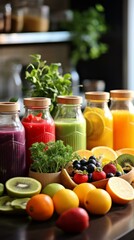 Bottles and bowls of fresh fruit and vegetable juices in a variety of colors