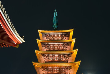 A tall building with a green spire is lit up at night Asakusa Temple pagoda
