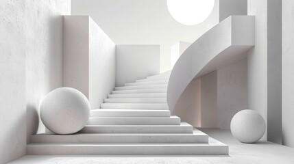 3D rendering of a minimalist white staircase with a large sphere