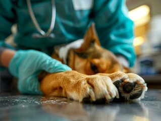 Close up of a veterinarian examining a dog's paw