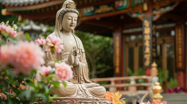 A stone statue of a bodhisattva surrounded by pink flowers