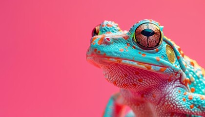 A closeup halfbody of a charismatic amphibian, costumed as a ballet dancer, set against a vibrant pink background, colorful strange bizarre sharpen blur background with copy space