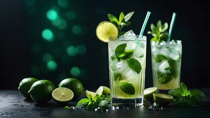 Mojito cocktail, mixed drink with mint and lime, dark background