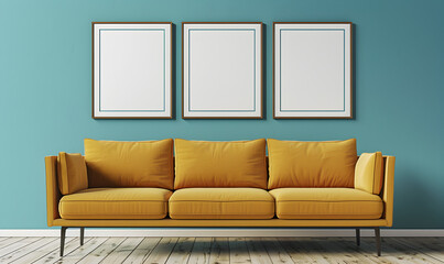 View of living room in minimal style with yellow sofa and fiddle fig on laminate floor