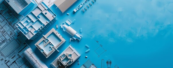 A creative flat lay template of architectural blueprints and model buildings inspires urban design and planning, with solid background and copy space on center