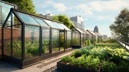 Fototapeta premium A series of modular greenhouses on a city apartment rooftop, designed to optimize space for year-round vegetable growing.