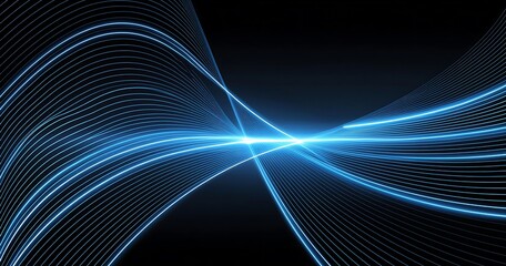 Multiple bright blue light lines animated moving across a dark background. Abstract blue lines wave background