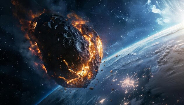 A huge gigantic burning asteroid in space dominates the futuristic space banner, flying towards planet Earth with dramatic flair, Sharpen banner template with copy space on center