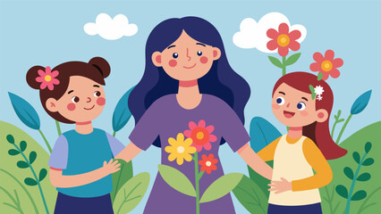 A young girl proudly shows her parents the flowers she picked from her garden beaming with joy.. Vector illustration