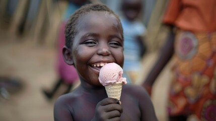 Cheerful African Child Enjoying a Strawberry Ice Cream Cone Outdoors