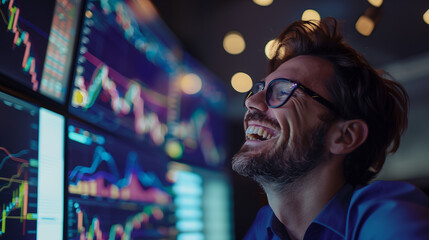 Obraz premium trader looking at the stock market going up and laughing