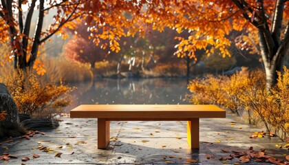 Amid the autumn color landscape, a wooden table stands resilient, echoing the hues of the season, Sharpen 3d rendering background
