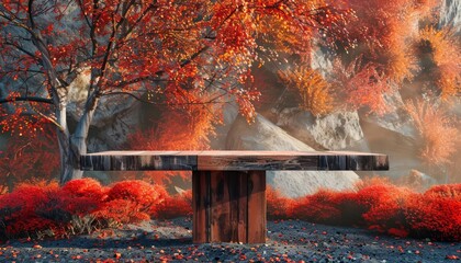 Amid the autumn color landscape, a wooden table stands resilient, echoing the hues of the season, Sharpen 3d rendering background