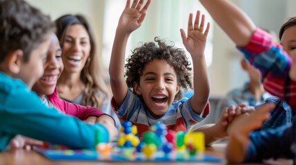 Joyful Family Game Night with Excited Children and Happy Parents
