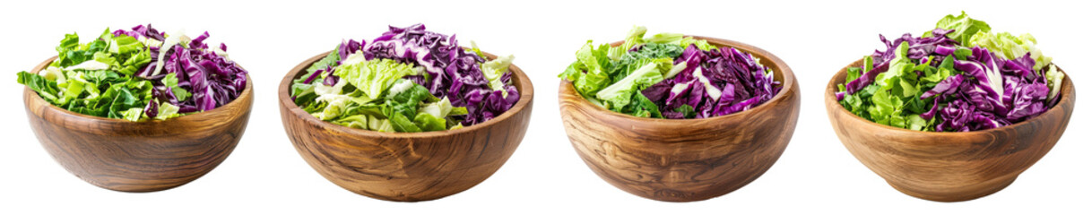 Chopped green and purple cabbage in a wooden bowl isolated on a transparent background - Powered by Adobe