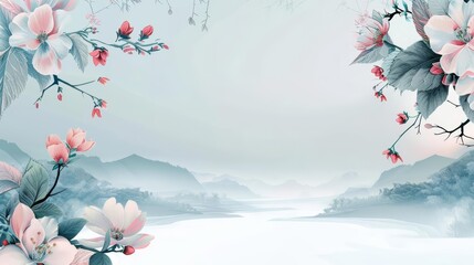 Design a tranquil wellness retreat brochure using the Creative template of soft floral decor and serene landscapes, Blank frame template Sharpen with large copy space