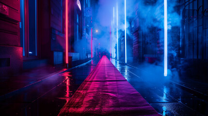 A narrow red carpet stretching through a city street at night, illuminated only by an indigo neon searchlight