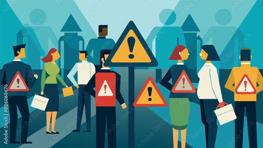 Aufkleber the queue line is filled with posters and warning signs about the dangers of spreading rumors and th