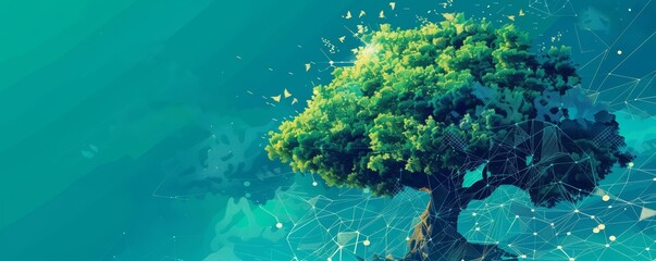 Explore ecological IT development with an illustration of a growing tree in cyberspace, symbolizing techsavvy environmentalism, Sharpen banner template with copy space on center