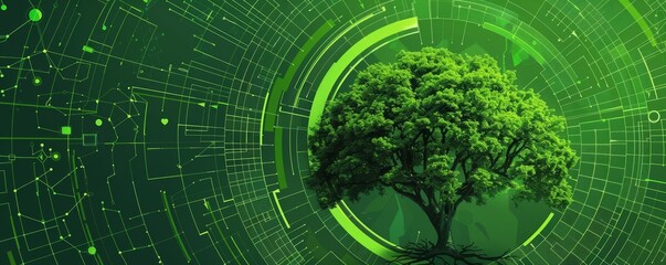 Explore ecological IT development with an illustration of a growing tree in cyberspace, symbolizing techsavvy environmentalism, Sharpen banner template with copy space on center