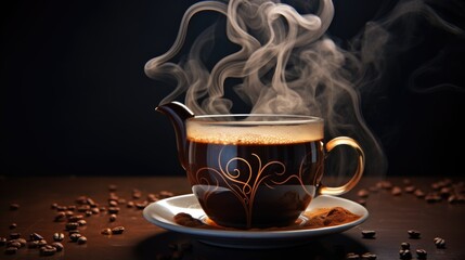 Hot Coffee in cup on plate on wooden table with seeds and smoke
