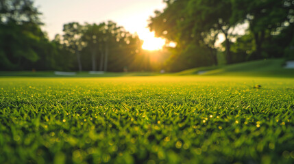 Obraz premium green golf course close-up on the grass, trees background soft sunset light Smooth green grass neatly trimmed lawn Wide view of manicured lawn background yellow-green grass beautiful stripes 