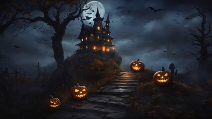 Fototapeta premium Halloween background with a house situated atop a hill and pumpkins along a path