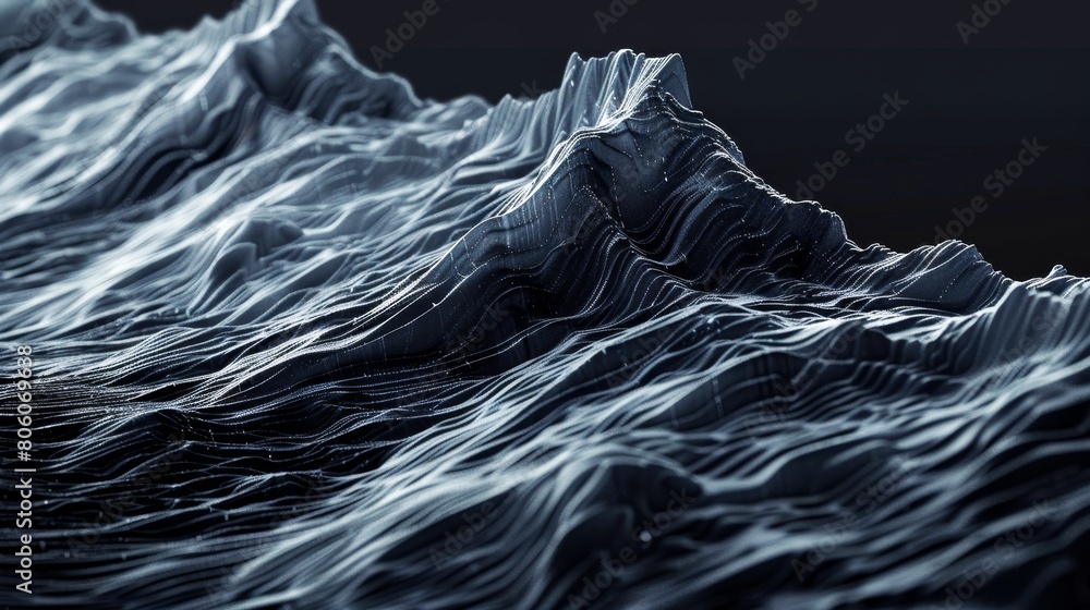 Poster 3d render of an abstract landscape, with intricate patterns resembling waves and ripples in the ocea