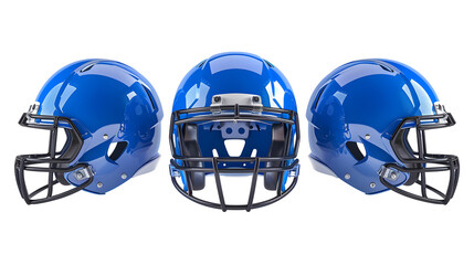 Set of modern blue football safety helmets, sports protection for the head. Isolated on a transparent background.  - Powered by Adobe