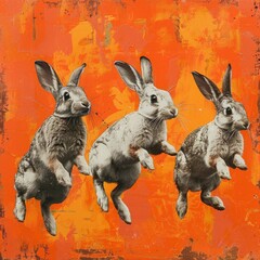 Dynamic Rabbits in Motion Against a Vivid Orange Abstract Background