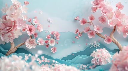 Rejoice in the arrival of spring with a Japanese style landscape, where paper art cherry blossoms gently sway, offering a serene and picturesque banner setting