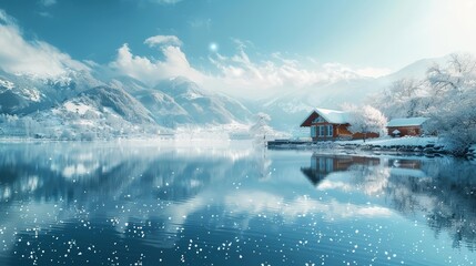 Fototapeta premium Scenic view of Lake, small village, and cozy house at mountain in snowy winter, Sharpen banner template with copy space on center