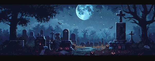 A dark and gloomy cemetery at night