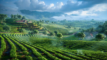Lush Green Rice Terraces at Dawn, Scenic Agricultural Landscape in Rural Asia