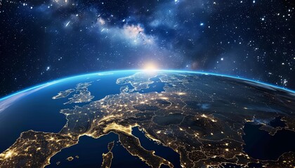 Telecommunication networks above Europe viewed from space are detailed in the futuristic space banner