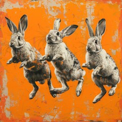 Dynamic Rabbits in Motion Against a Vivid Orange Abstract Background