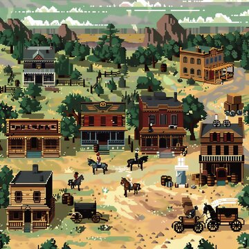 A pixel art image of a western town. The town has a saloon, a blacksmith, a general store, and a few other buildings. There are people walking around and horses tied up to posts.