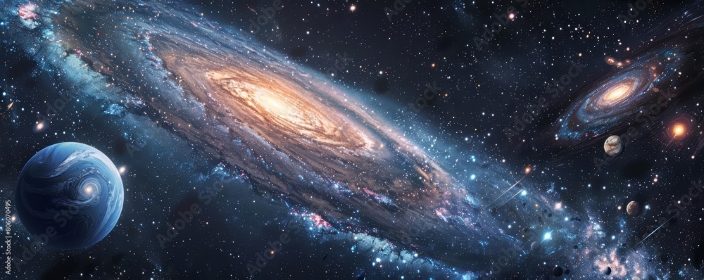 Poster the creative banner of astronomical exploration features distant galaxies and stars, and element of 