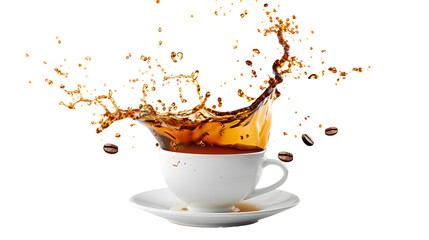 White cup of coffee splashing isolated on white background.