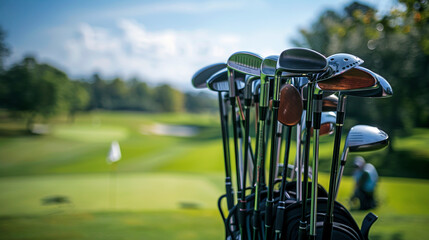 A collection of golf clubs and bags lined up on the driving range of a golf course, with golfers teeing off and perfecting their swings against a backdrop of rolling fairways and manicured greens.