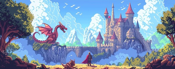 A brave knight stands before a dragon's lair - obrazy, fototapety, plakaty