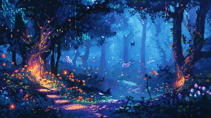 A pixel art image of a forest at night