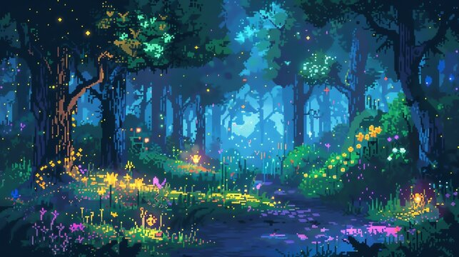 A pixel art image of a forest at night